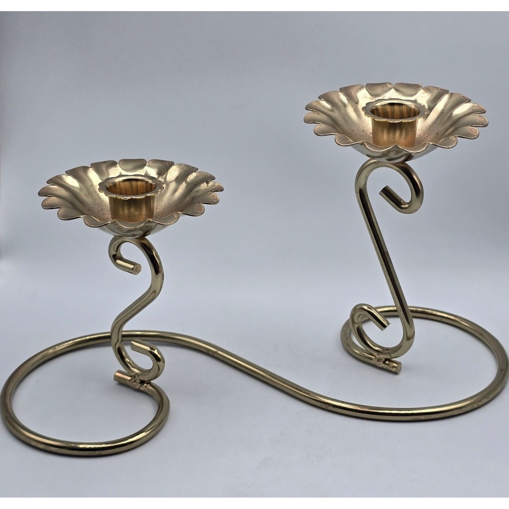 Vintage Metal Candlestick Holder Double Tapered Gold Flower Scalloped S Base MCM